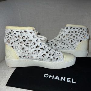Chanel Camellia White Laser Cut Sneakers Size 38/7.5